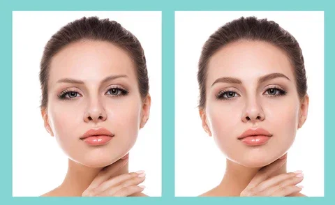 Before and after using InstaBrow stencils — showing perfect symmetrical brows